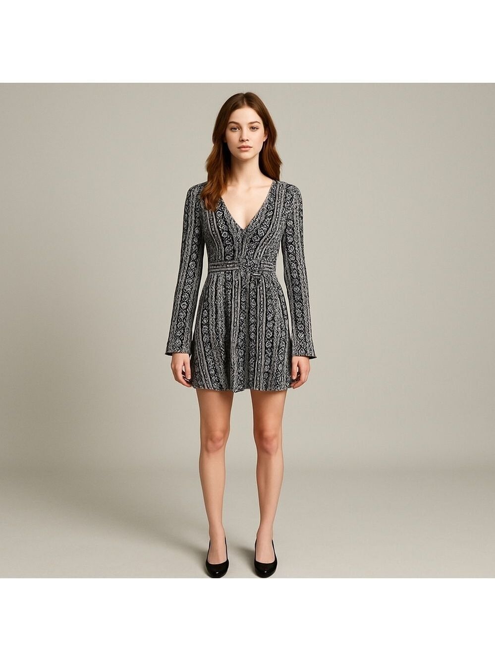 Express Long Sleeve Printed Fit and Flare Mini Dress Small